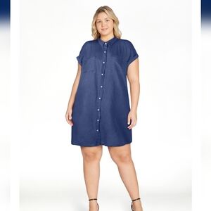 Womens Short Sleeve Loose Jean Midi  Button Down Casual Dark Denim Shirt Dres…